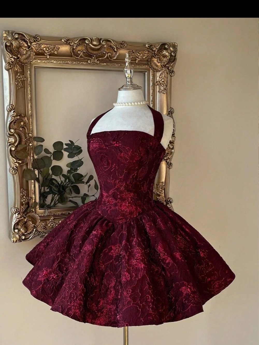 SHEIN Burgundy Floral Jacquard Halter  Backless Long Sleeve A-Line Dress